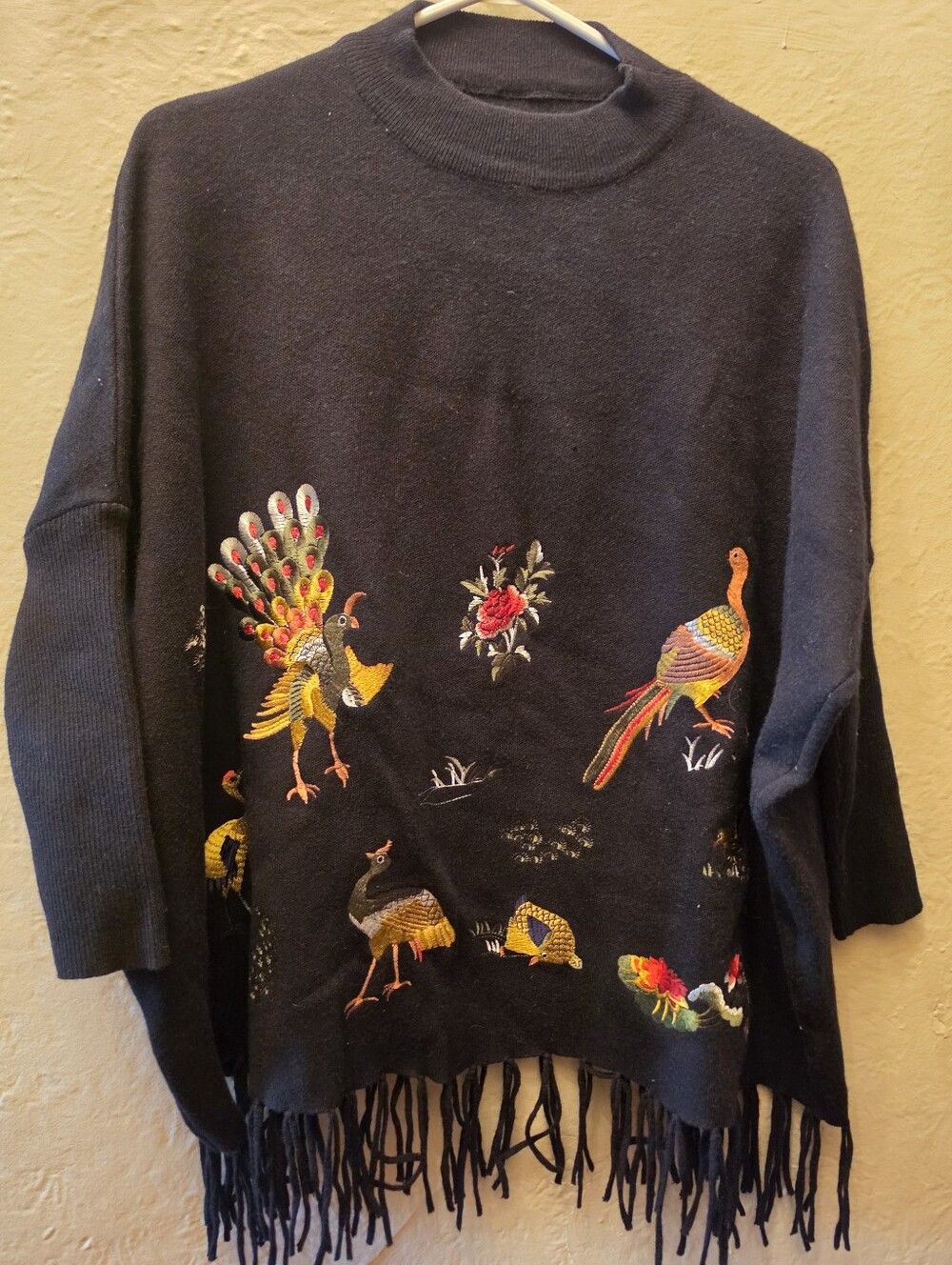 Embroidered Cashmere-Blend Bird Fringe Poncho Sweater Black Oversized Boho OS
